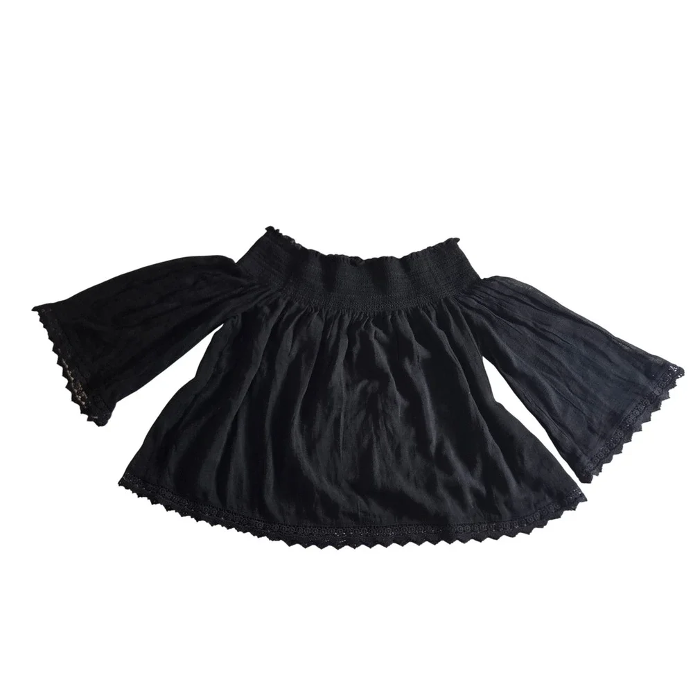 Zara Trafulac Black Off Shoulder Smocked Crop Top Bell‎ Sleeve Lace Trim Medium - Picture 2 of 8